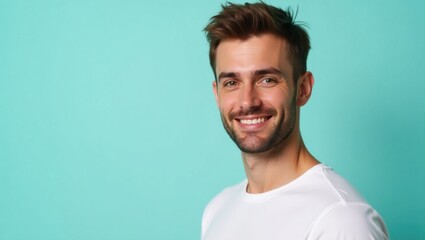 Magnesium L-Threonate. Optimistic male smile. Male man model isolated background. Smiling man in white shirt embodies optimism and confidence with magnesium as his empowering symbol.