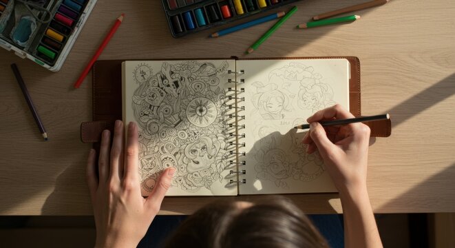 Overhead view of a young female artist's hands sketching cartoon faces in a spiral-bound sketchbook on a wooden desk with art supplies, illuminated by sunlight.