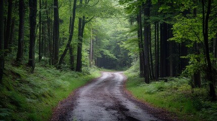 Obraz premium A winding forest path leads through a lush green forest. The sun peeks through the trees, casting a warm glow on the path.