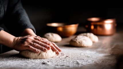 Fototapeta premium Hands kneading dough on a wooden surface with copper bowls in a rustic kitchen setting