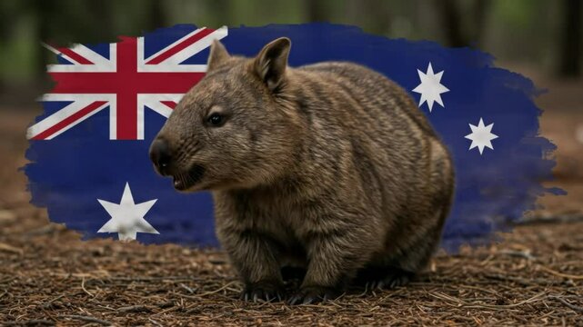 Cute wombat standing in front of Australia state flag overlay video composite. Australian wildlife marsupial with patriotic symbol background. Travel Australia. Preservation of Australian nature