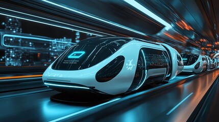 Fototapeta premium Futuristic Maglev Train in a Neon Lit Tunnel: Cutting-Edge Transportation