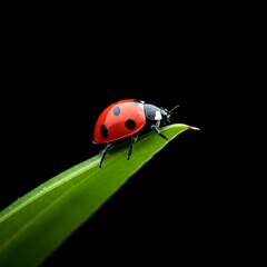 Fototapeta premium closeup of a ladybug on a green leaf against a black background