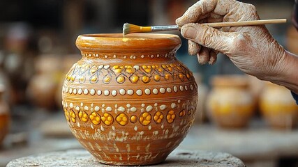 Artisan painting intricate designs on a clay pot in a rustic workshop