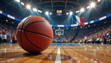 Basketball Ball On Court- Stadium Background