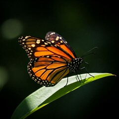 Fototapeta premium closeup of a monarch butterfly on a green leaf in a forest setting.
