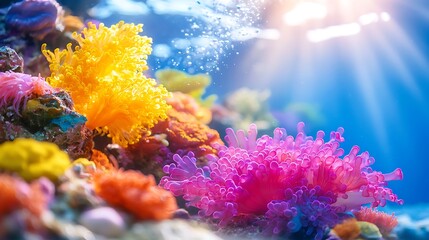 Vibrant Underwater Coral Reef Scene with Colorful Coral Polyps