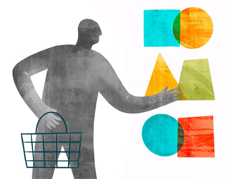 Person selecting geometric shapes while carrying a basket