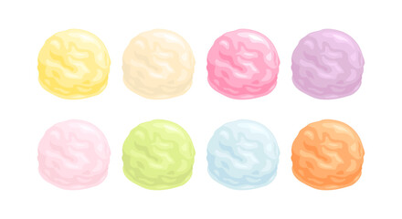 Ice cream balls of different colors and flavors isolated on white background. Vector cartoon flat illustration.