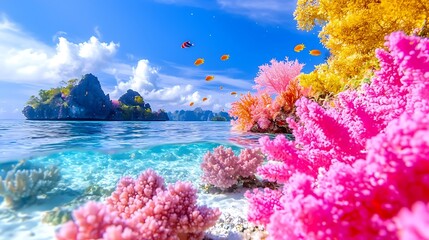 Vibrant Underwater Coral Reef Scene with Colorful Fish