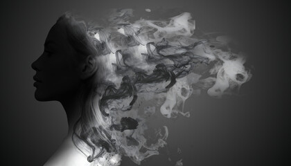 Fototapeta premium Silhouette of a Woman Dissolving in Smoke: A Hauntingly Beautiful Metamorphosis of Thought