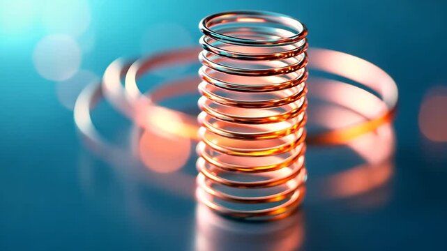 Colorful spiral spring with glowing light effects on a reflective surface