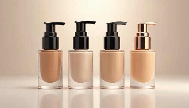 Makeup foundation glass bottles mockup. Blank cosmetic packaging templates. Black, silver, gold pump caps. Liquid tone products in bottles. Beauty industry items, skin care, face makeup advertising.