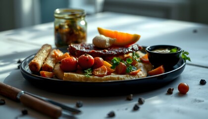 Freshly prepared plate of food beautifully arranged on a table with natural light effects