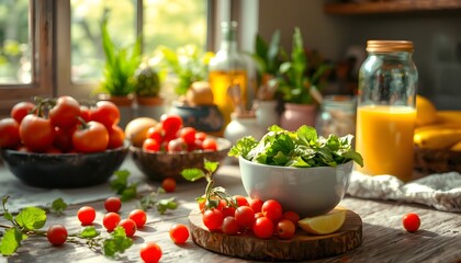 A vibrant bowl of fresh tomatoes alongside a colorful bowl of salad under natural light