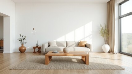 Modern Minimalist Living Room with Wooden Coffee Table and Natural Light