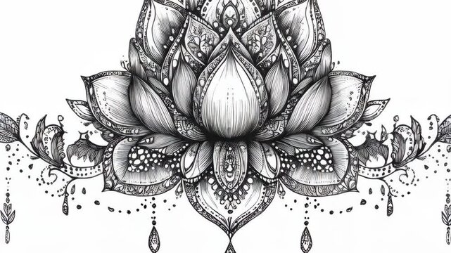 Elegant detailed floral illustration with intricate linework and patterns forming an ornate blossom drawing on white.