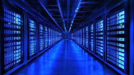 Fototapeta premium Illuminated Server Room: A Glimpse into the Digital Core