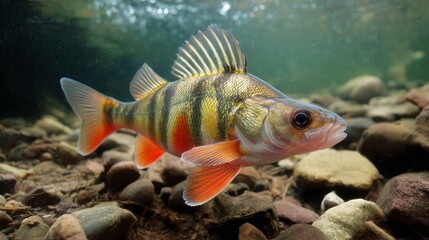 Fototapeta premium perch fish swimming in freshwater with its striped pattern.