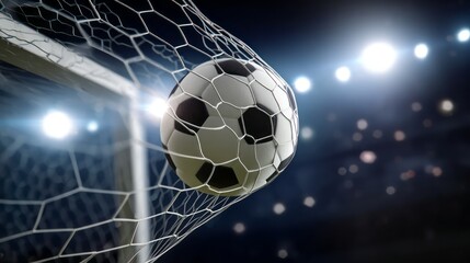 A soccer ball in a goal net.