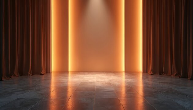 Dramatic stage with glowing lights, dark curtains and polished floor. Scene design is ideal for presentations, performances. Spotlights background design space show interior.