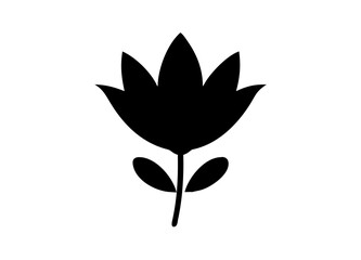 Black Silhouette of a Flower with Six Symmetrical Petals and Two Leaves – Minimalist Design for Nature or Decorative Themes
