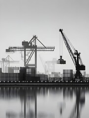 Fototapeta premium In a tech-driven logistics hub, the silhouette of a manager oversees operations, symbolizing the integration of automation and human oversight. The minimalist design includes generous copyspace for