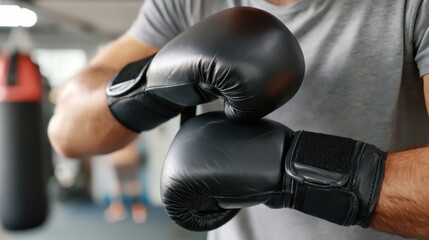 a person putting on boxing gloves.