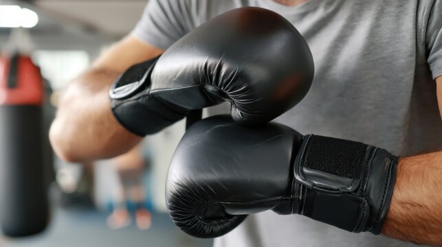 a person putting on boxing gloves.