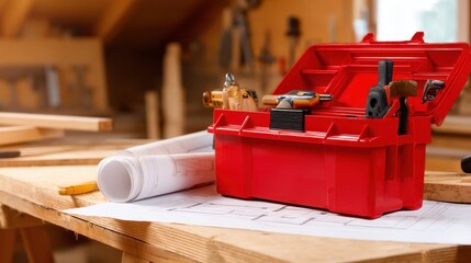 Red toolbox with various tools on a wooden workbench, surrounded by blueprints and workshop items