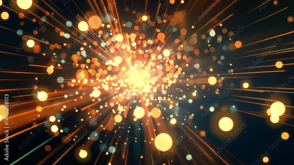 Poster vibrant explosion of light and color with dynamic orbs and sparkling particles, creating energetic b