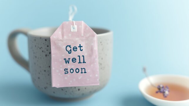 A tea cup with a "get well soon" tag.