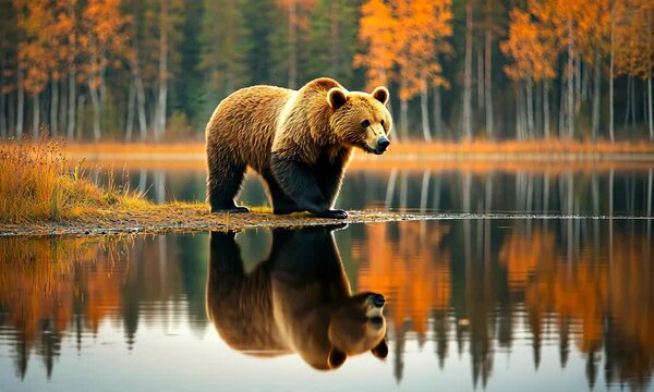 Brown bear walks by the tranquil lake in autumn