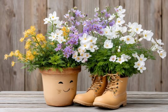 Colorful flowers growing in work boots and terracotta pot