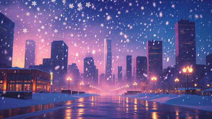 Snowy city at night with streetlights casting a warm glow on the winter landscape.