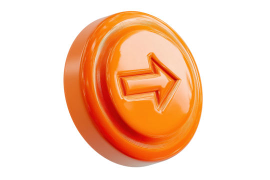 Shiny orange button with raised arrow symbol on white background, cut out - Powered by Adobe