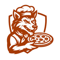 Wolf Chef Holding Pizza Logo Vector – Mascot Style Illustration for Pizzeria or Restaurant