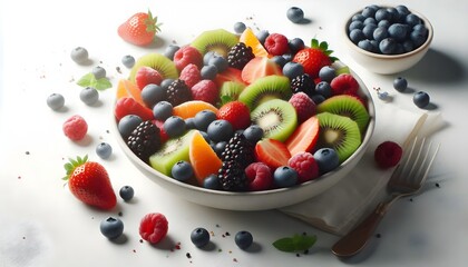 Healthy mixed fruit salad made with strawberries, blueberries, and kiwi served in high-quality isolated mockup photo without logos