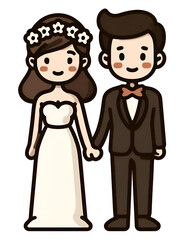 Fototapeta premium Minimalist Bride and Groom Cartoon Icon – Elegant Black and White Wedding Couple Illustration for Invitations, Planners, Greeting Cards, Websites, and Event Branding.