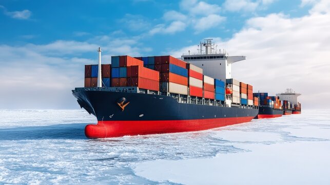 A large cargo ship navigates through icy waters, loaded with colorful shipping containers under a bright blue sky.