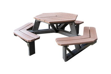 Old brown wood public chair lock table or bench geometric for sit waiting everything. Public or tourist services in ordinary empty waiting room. Isolated on cut out PNG or transparent background.