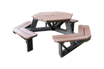 Old brown wood public chair lock table or bench geometric for sit waiting everything. Public or tourist services in ordinary empty waiting room. Isolated on cut out PNG or transparent background.