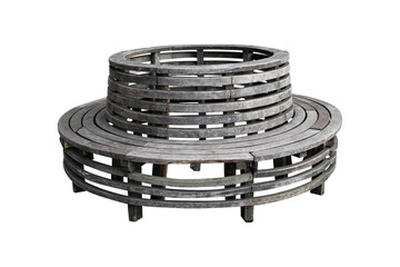 Old grey wood public chair or bench geometric sphere for sit waiting everything. Chairs in ordinary empty waiting room. Public or tourist services. Isolated on cut out PNG or transparent background.