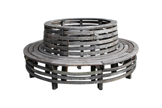 Old grey wood public chair or bench geometric sphere for sit waiting everything. Chairs in ordinary empty waiting room. Public or tourist services. Isolated on cut out PNG or transparent background.