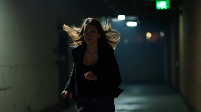 A tired, frightened woman runs through a dimly lit alley at night, conveying a sense of urgency and tension.