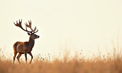 Obraz premium Majestic Red Deer Stag in Golden Field - Golden Hour/Warm Lighting