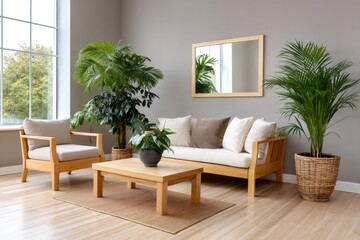 Wooden furniture and plants creating a cozy atmosphere in a modern living room