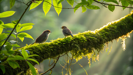 Fototapeta premium Two birds on mossy tree branch with sunlight