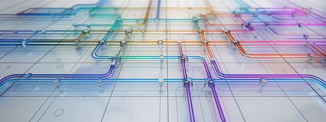 Routing, connections, distribution pipes concept as in facility design, BIM or distribution delivery network design.
