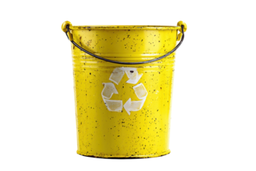 Yellow recycle bin with handle on black background, cut out